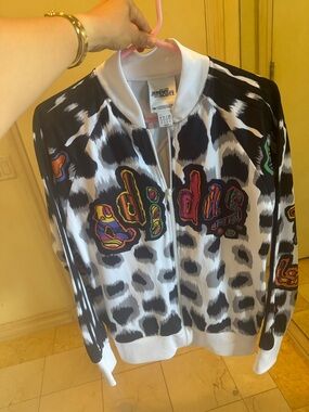 Jeremy Scott Black & White Leopard Zip Jacket with Multicolor Patchwork